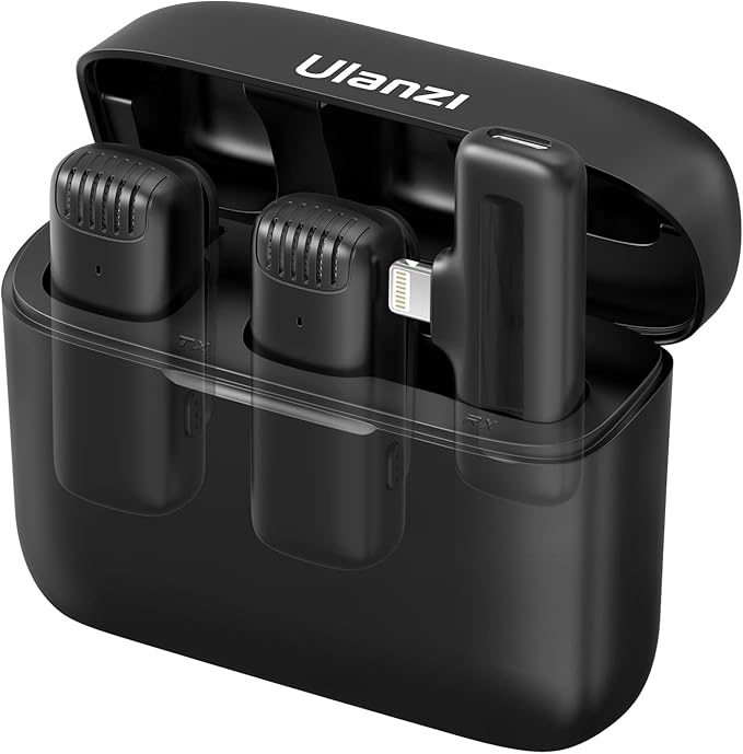 Black Ulanzi J12 Wireless Lavalier Microphone receiver with a male Type-C connector plugged securely into an Android smartphone