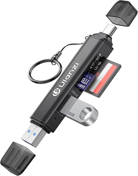 Black Ulanzi MCR-02 Multifunctional High-Speed Card Reader with sliding tray showing stored SD and TF cards.