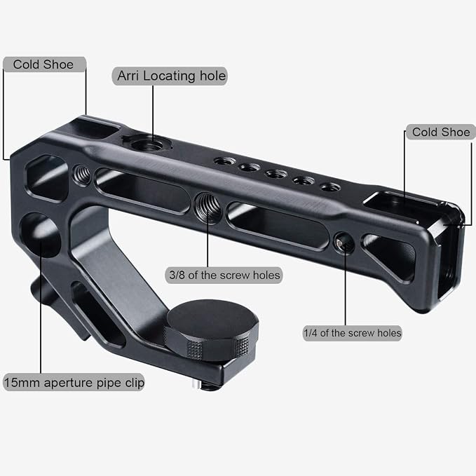 Matte black UURig R008 Arri Universal Camera Top Handle with ARRI locating pin interface and multiple cold shoe mounts