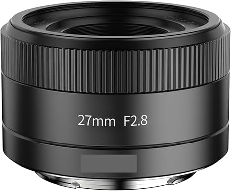 Black Ulanzi CL02 27mm f/2.8 autofocus pancake lens showing its compact metal design and ribbed focus ring.