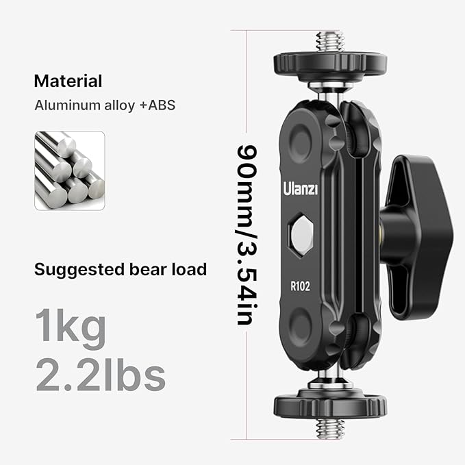 Ulanzi R102 3.5" Articulating Magic Arm with Dual 360° Ball Heads, 1/4"-20 Screws & Single-Knob Lock (3058) - Image 6