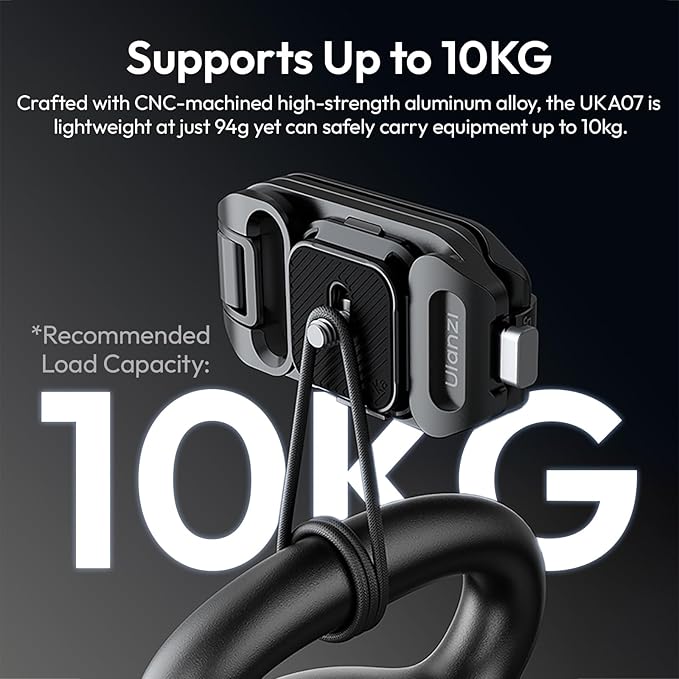 Matte black Ulanzi UKA07 Quick Release Camera Backpack Strap Clip showing the clamp open with the top plate unmounted