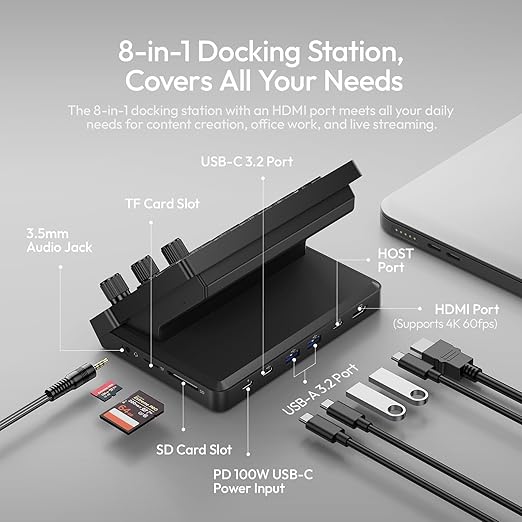Black Ulanzi D200H Desktop Stream Controller Deck Dock showing custom screens and side USB expansion ports.
