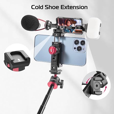 Black Ulanzi Vlog Mirror mounted on a smartphone rig with a microphone and LED fill light.