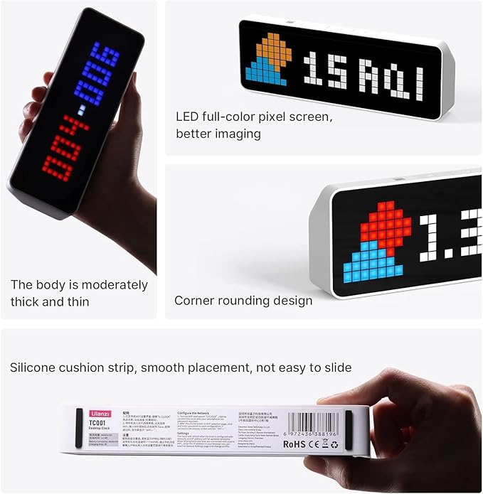 White Ulanzi TC001 smart pixel clock displaying a red YouTube logo and subscriber count next to a smartphone.