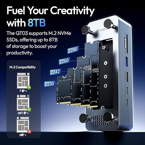 Silver aluminum Ulanzi QT03 Docking Station showing 10-in-1 port layout and built-in SSD enclosure.
