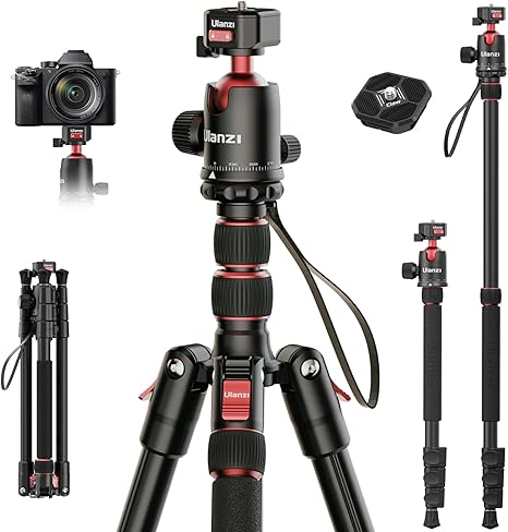 Close up view of the Ulanzi TT31 Claw Quick Release Travel Tripod with Carbon Fiber Legs with one leg detached and configured into a monopod