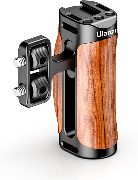 Close-up of the bottom of the Ulanzi R075 wooden handle showing the hex wrench being pulled out from its hidden magnetic slot