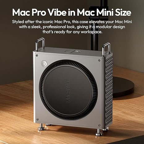 Matte black Ulanzi QT01 Mac Mini Cage mounted under a wooden desk containing an Apple Mac mini computer.
