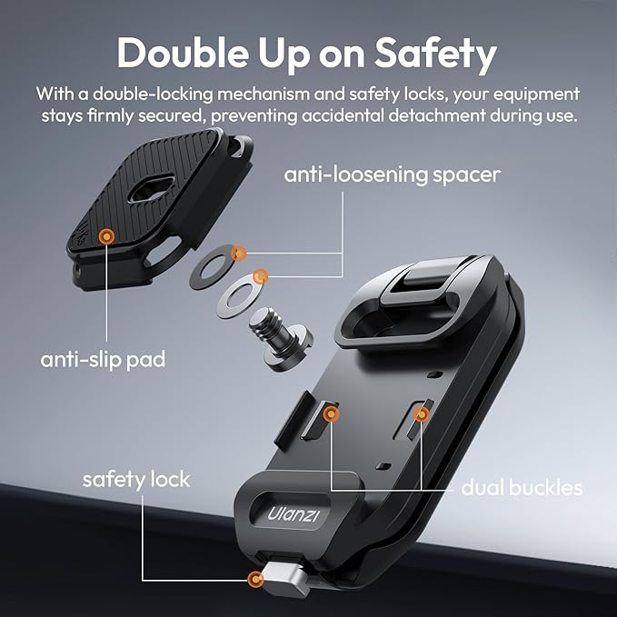Matte black Ulanzi UKA07 Quick Release Camera Backpack Strap Clip showing the clamp open with the top plate unmounted