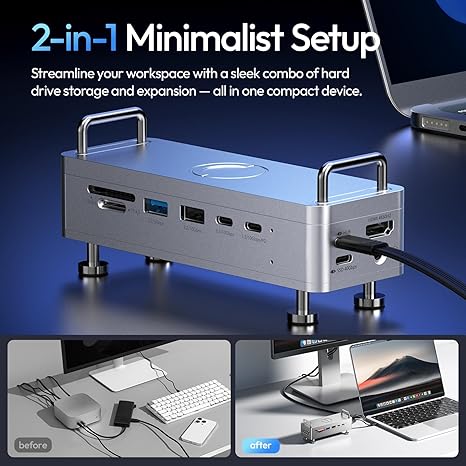 Silver aluminum Ulanzi QT03 Docking Station showing 10-in-1 port layout and built-in SSD enclosure.