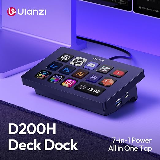 Black Ulanzi D200H Desktop Stream Controller Deck Dock showing custom screens and side USB expansion ports.