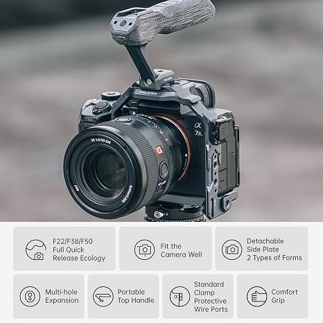 Dark grey Falcam Cage for Sony A7 IV camera body showing F22 and F38 quick release interfaces