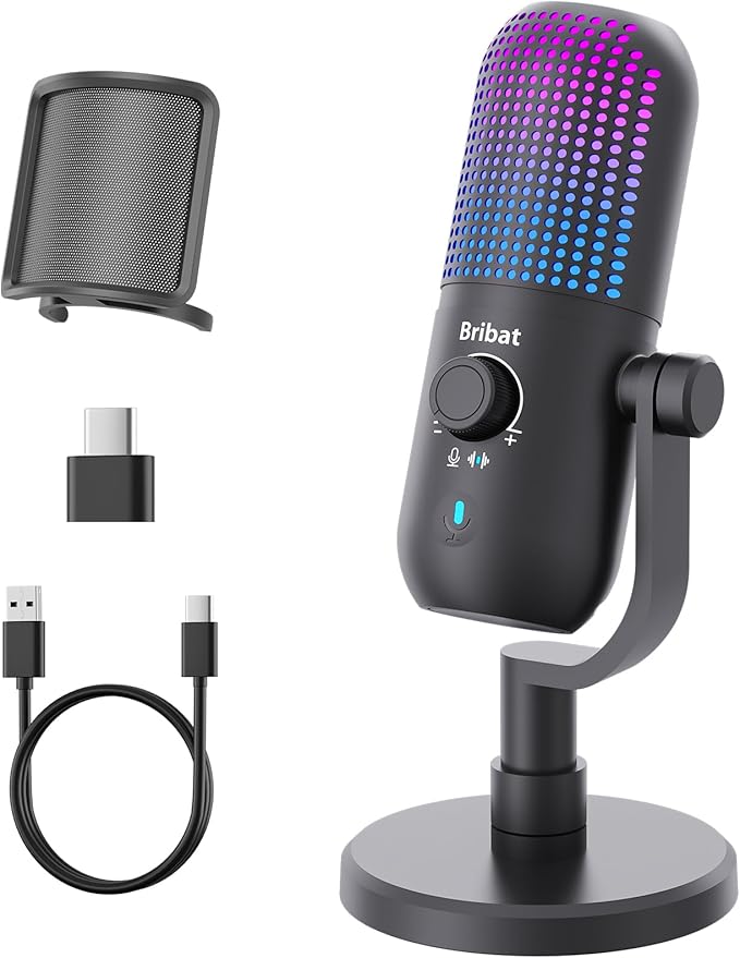 Matte black Ulanzi USB Desktop Condenser Microphone standing on its metal base with the green RGB ring glowing active