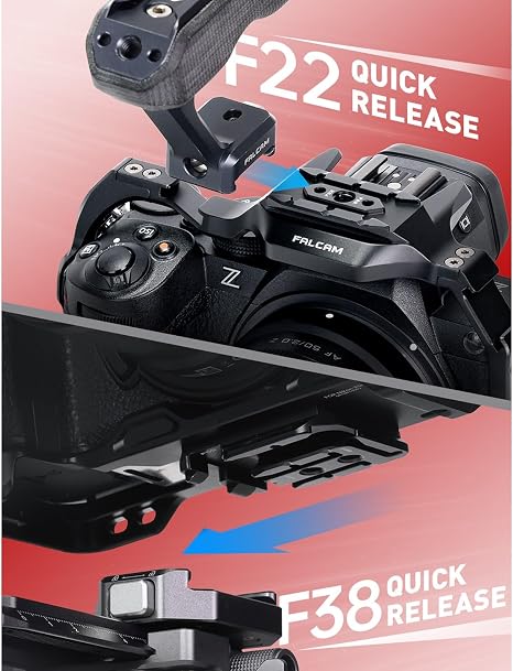 Black Falcam Camera Cage for Nikon Z5 II showing the open frame design and quick release channels.