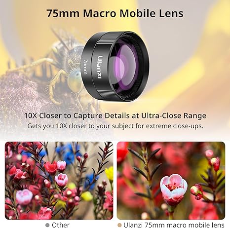 CL-003 75mm Macro smartphone camera lens showcasing its optical glass and mounting bracket.