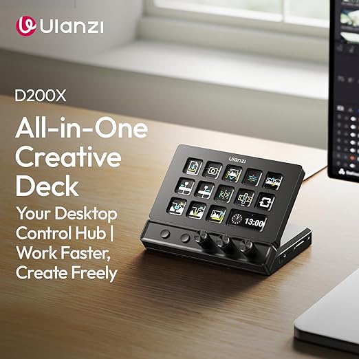 Black Ulanzi D200H Desktop Stream Controller Deck Dock showing custom screens and side USB expansion ports.