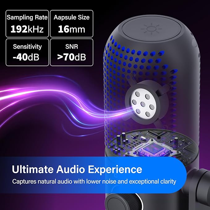 Matte black Ulanzi USB Desktop Condenser Microphone standing on its metal base with the green RGB ring glowing active