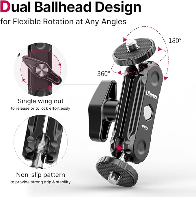 Ulanzi R102 3.5" Articulating Magic Arm with Dual 360° Ball Heads, 1/4"-20 Screws & Single-Knob Lock (3058) - Image 5