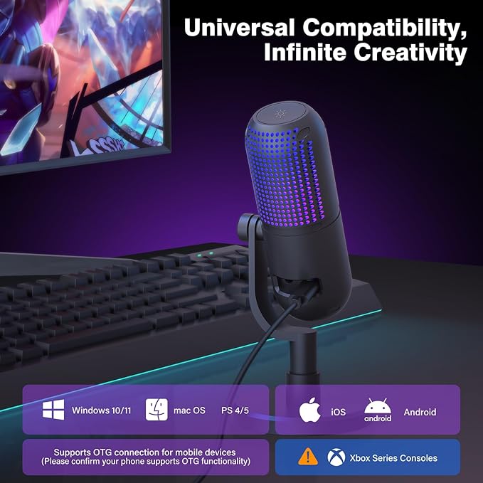 Matte black Ulanzi USB Desktop Condenser Microphone standing on its metal base with the green RGB ring glowing active