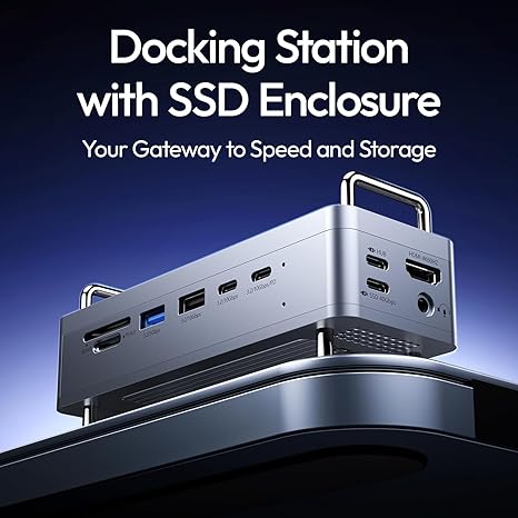 Silver aluminum Ulanzi QT03 Docking Station showing 10-in-1 port layout and built-in SSD enclosure.