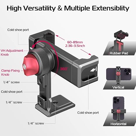 Black Ulanzi Vlog Mirror mounted on a smartphone rig with a microphone and LED fill light.