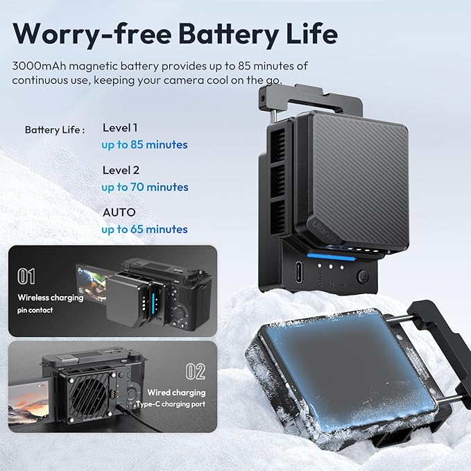 Black Ulanzi Camera Cooler Kit CU01 showing its active cooling fan and digital display panel.