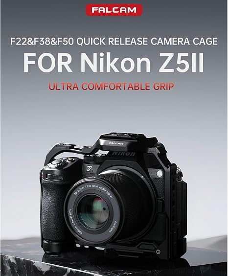 Black Falcam Camera Cage for Nikon Z5 II showing the open frame design and quick release channels.