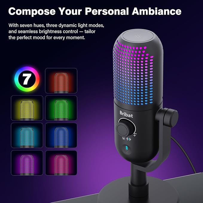 Matte black Ulanzi USB Desktop Condenser Microphone standing on its metal base with the green RGB ring glowing active