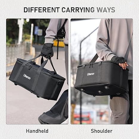 Black Ulanzi OM-01 Multi-Functional Storage Bag showing customizable padded dividers, shoulder strap, and tripod straps on top.