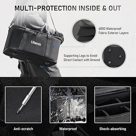 Black Ulanzi OM-01 Multi-Functional Storage Bag showing customizable padded dividers, shoulder strap, and tripod straps on top.