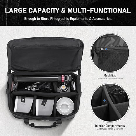 Black Ulanzi OM-01 Multi-Functional Storage Bag showing customizable padded dividers, shoulder strap, and tripod straps on top.
