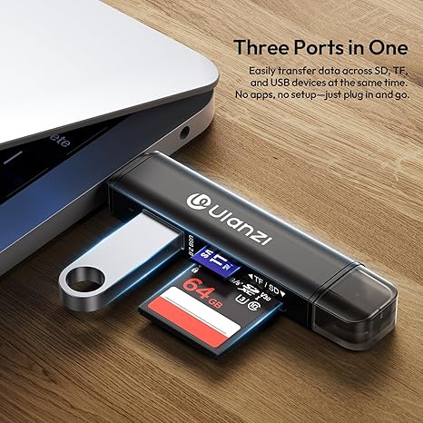 Black Ulanzi MCR-02 Multifunctional High-Speed Card Reader with sliding tray showing stored SD and TF cards.