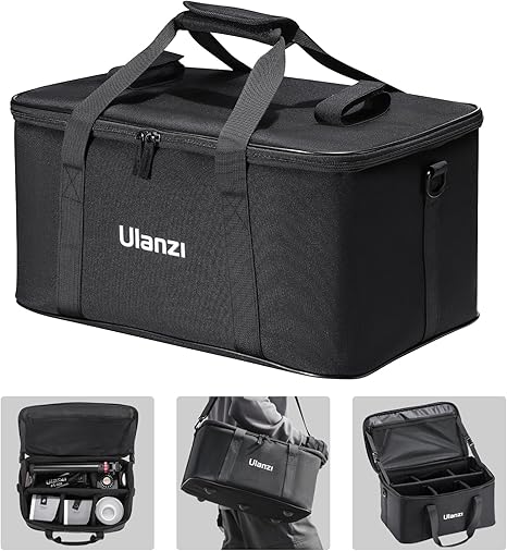 Black Ulanzi OM-01 Multi-Functional Storage Bag showing customizable padded dividers, shoulder strap, and tripod straps on top.