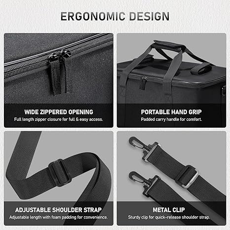 Black Ulanzi OM-01 Multi-Functional Storage Bag showing customizable padded dividers, shoulder strap, and tripod straps on top.