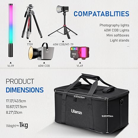 Black Ulanzi OM-01 Multi-Functional Storage Bag showing customizable padded dividers, shoulder strap, and tripod straps on top.