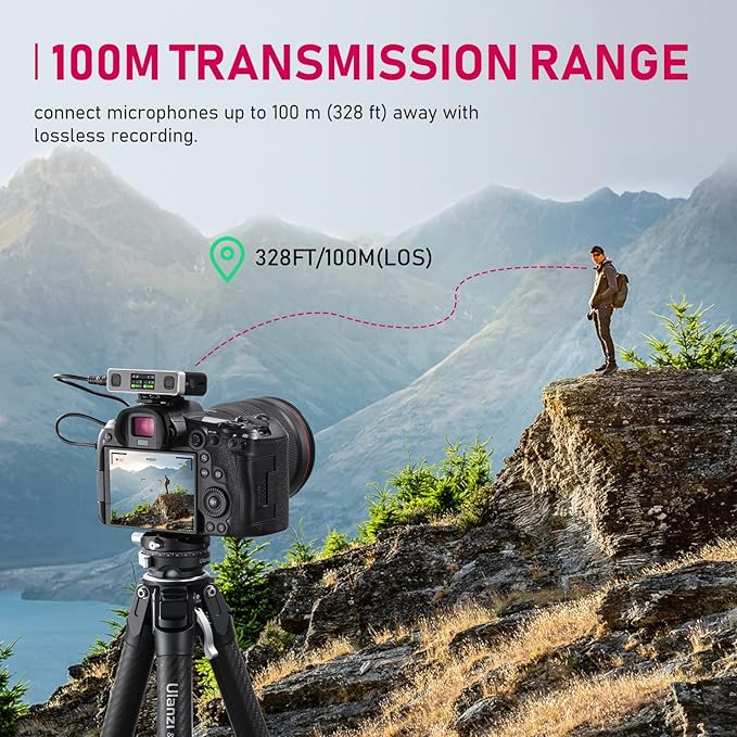 Close up view of the Ulanzi AM18 Wireless Microphone receiver connected directly to a smartphone during an outdoor interview shoot