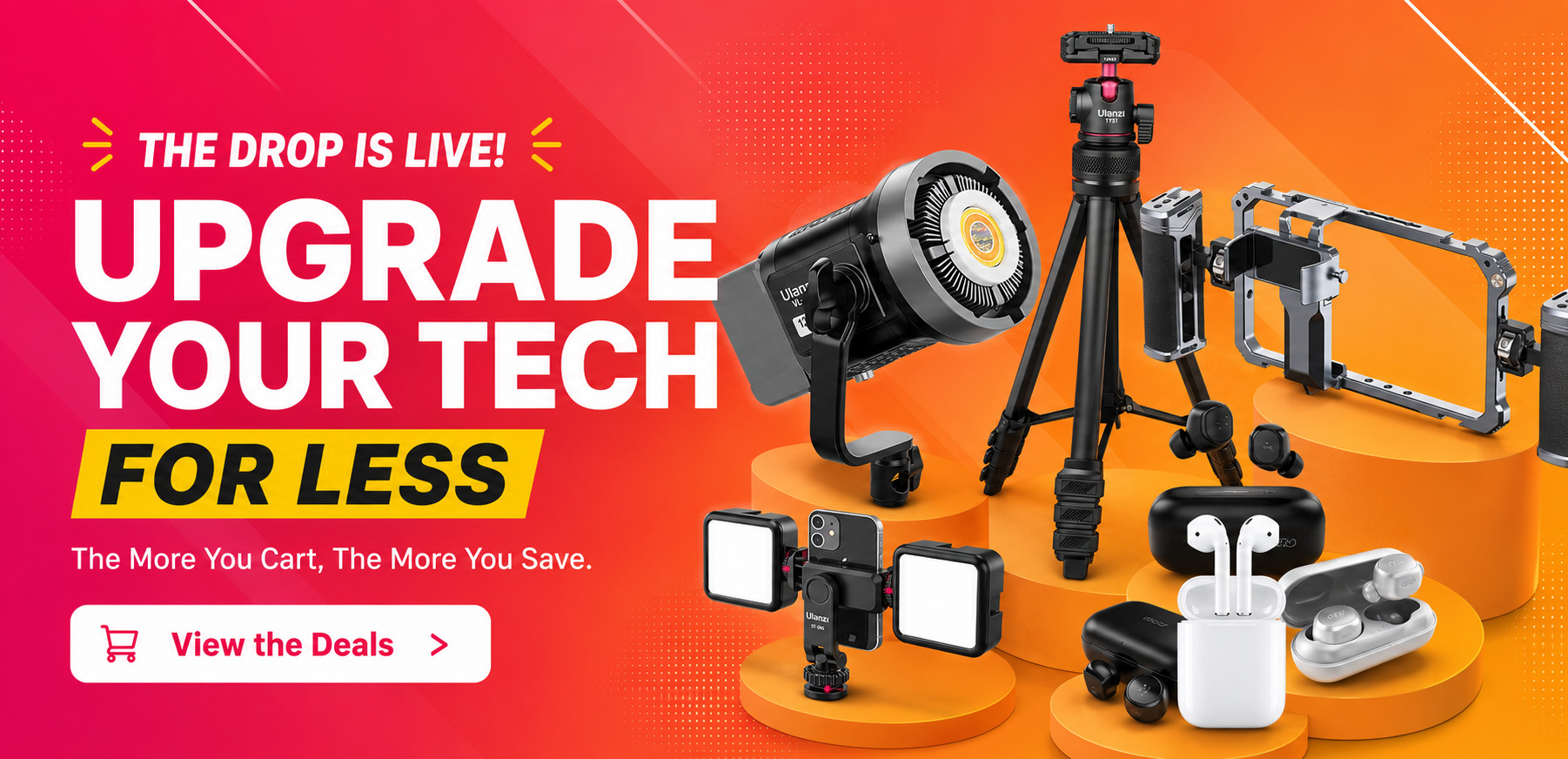 Ulanzi camera gear, tripod, smartphone rig, and wireless earbuds on display for tech deals promo banner
