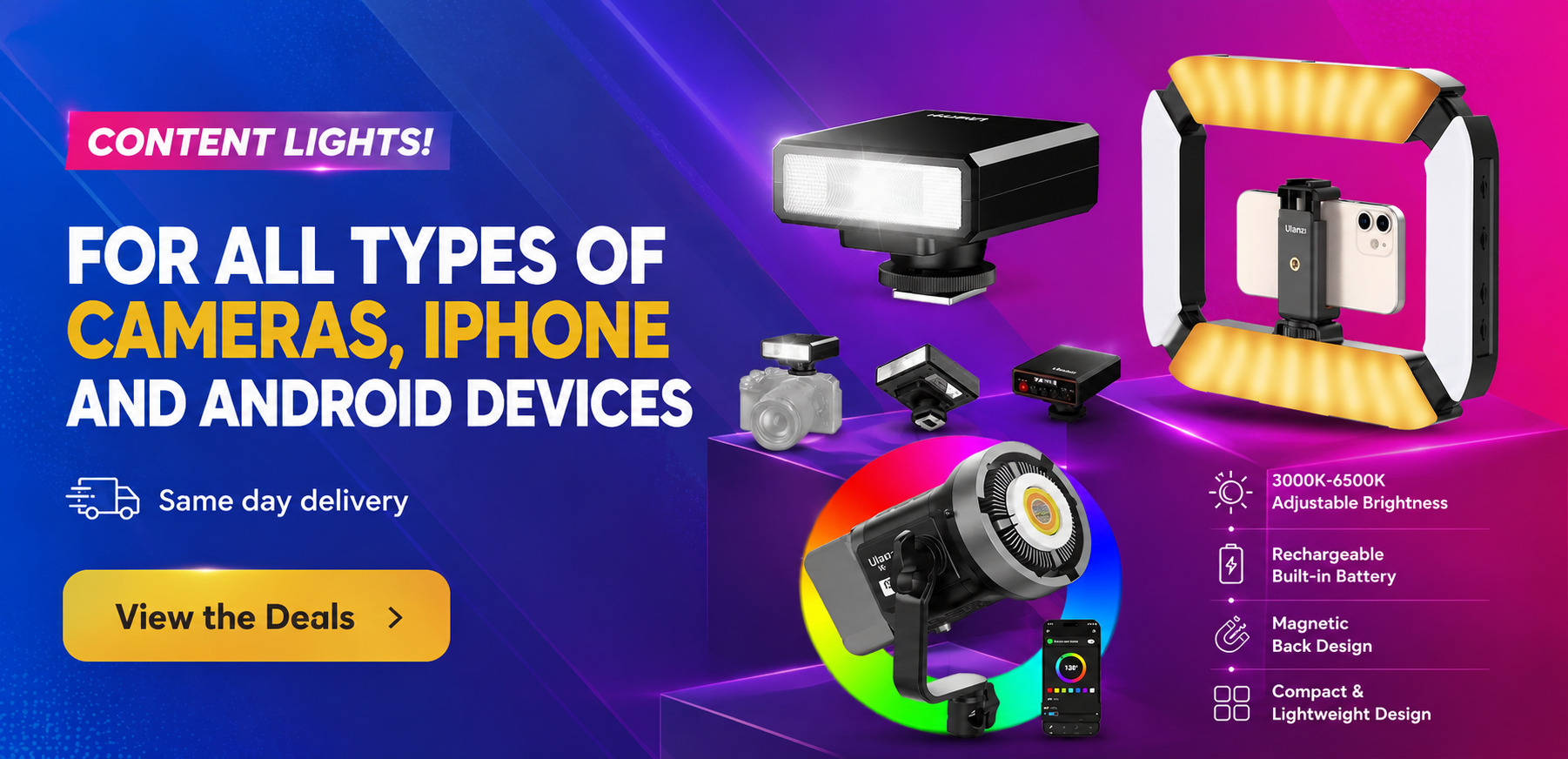Ulanzi camera gear, tripod, smartphone rig, and wireless earbuds on display for tech deals promo banner