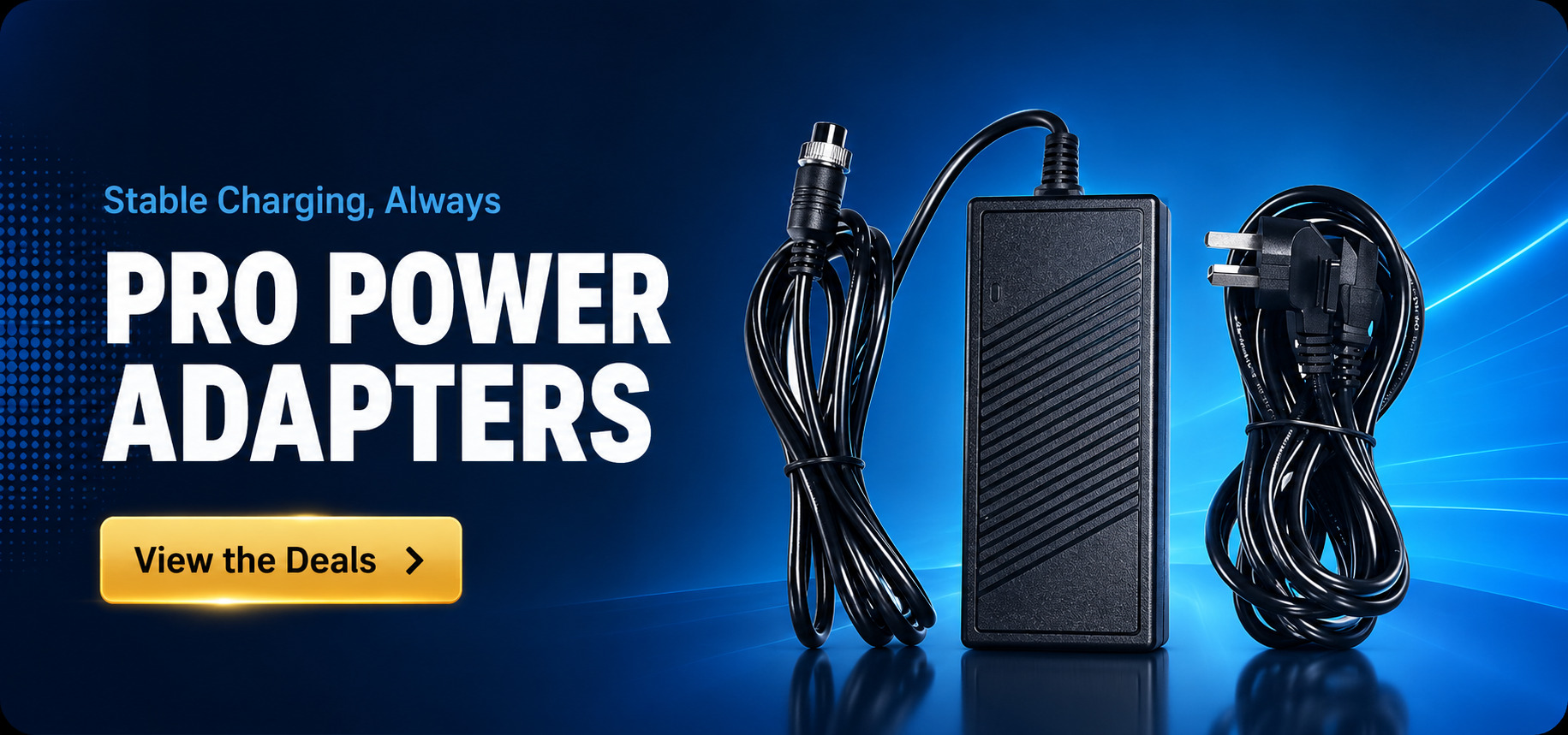 Heavy duty pro power adapter brick with connected circular pin cable and coiled UK 3-pin power plug line on a blue background.