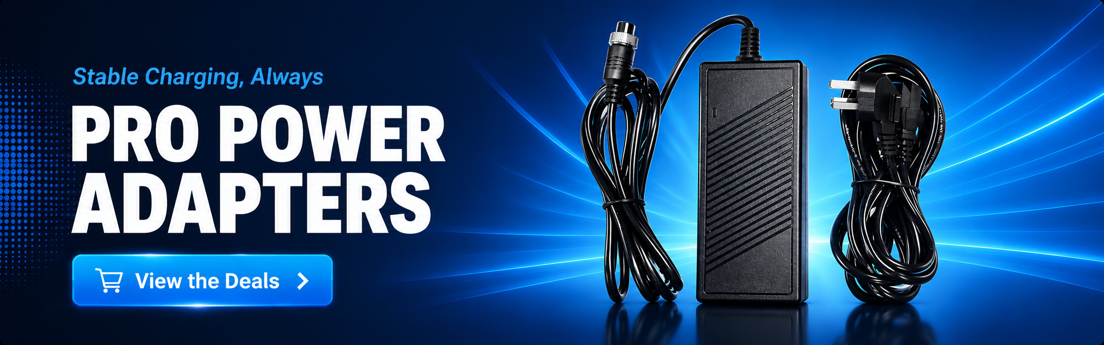 Heavy duty pro power adapter brick with connected circular pin cable and coiled UK 3-pin power plug line on a blue background.