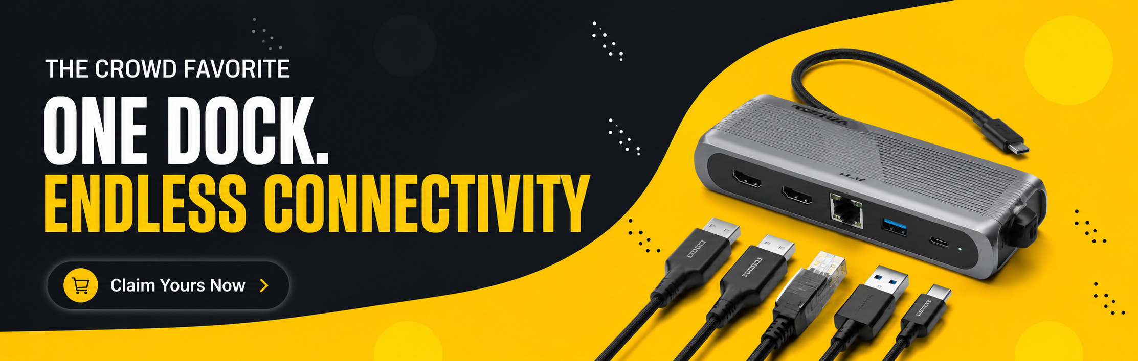 Metallic multiport USB-C hub docking station showcasing HDMI, Ethernet, USB 3.0, and Type-C cable connections.