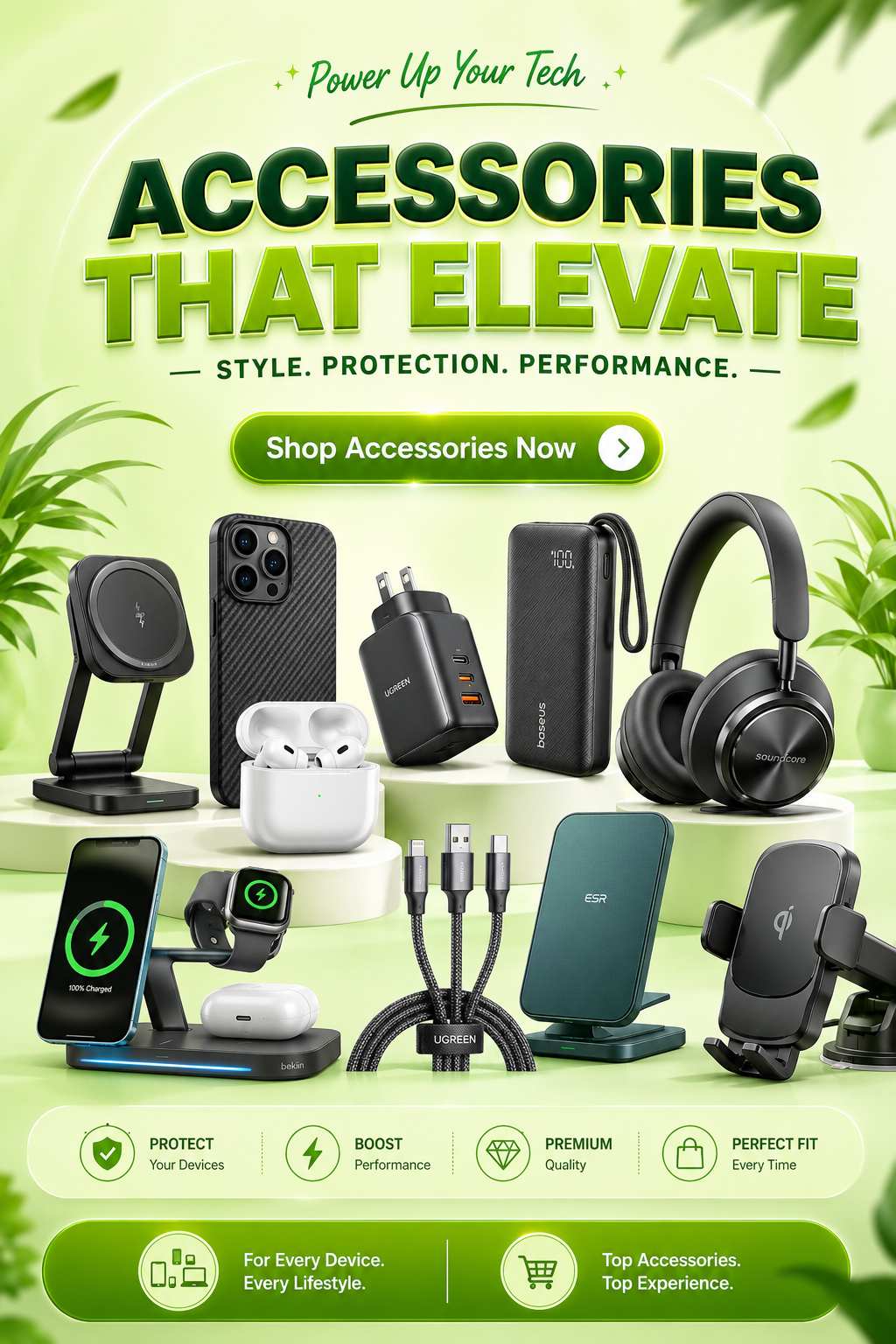 Premium mobile accessories including an Anker wireless charging stand, Ugreen USB-C hub, wireless headphones, and earbuds