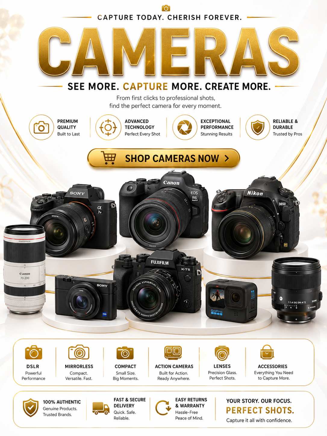 A bundle of professional photography gear featuring Canon and Nikon DSLR/mirrorless cameras, Rode microphones, tripods, and camera bags