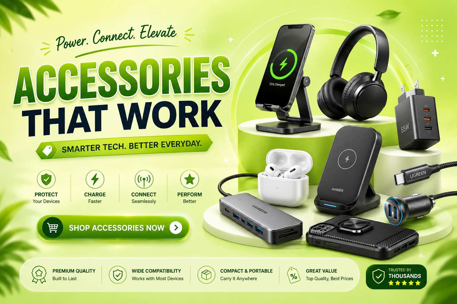 Premium mobile accessories including an Anker wireless charging stand, Ugreen USB-C hub, wireless headphones, and earbuds