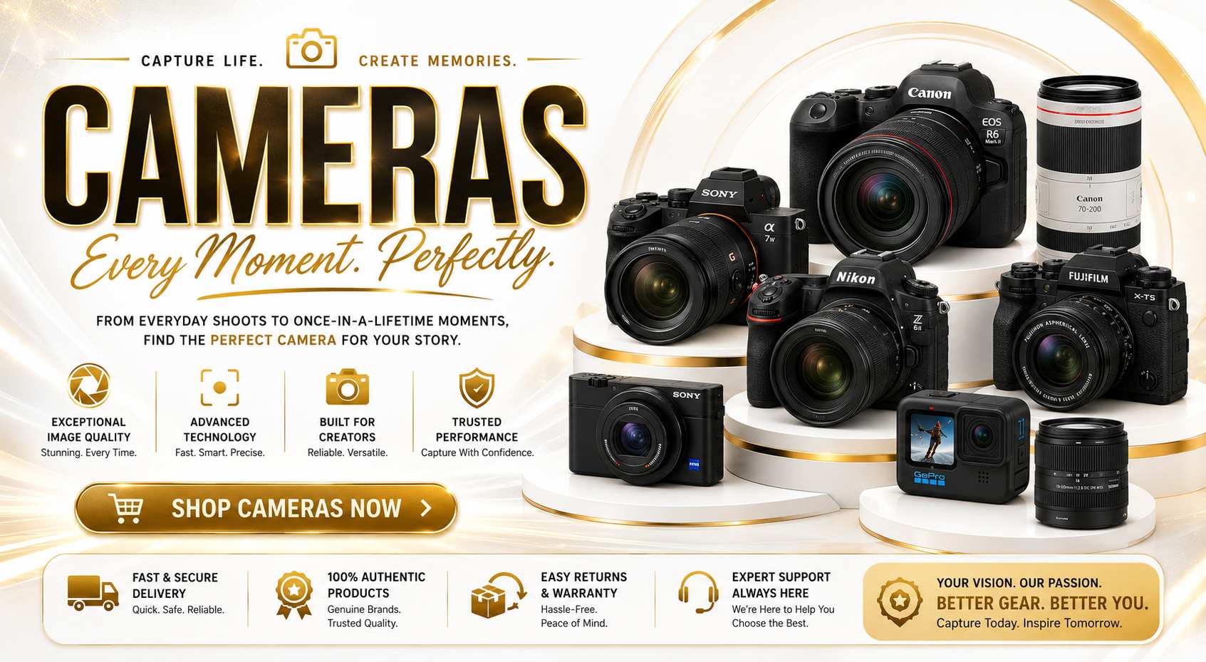 A bundle of professional photography gear featuring Canon and Nikon DSLR/mirrorless cameras, Rode microphones, tripods, and camera bags