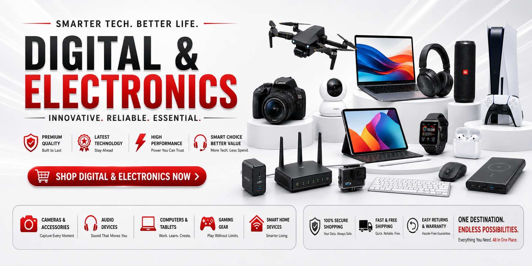 A diverse collection of modern electronics including a drone, DSLR camera, laptop, tablet, headphones, wireless chargers, and a gaming console