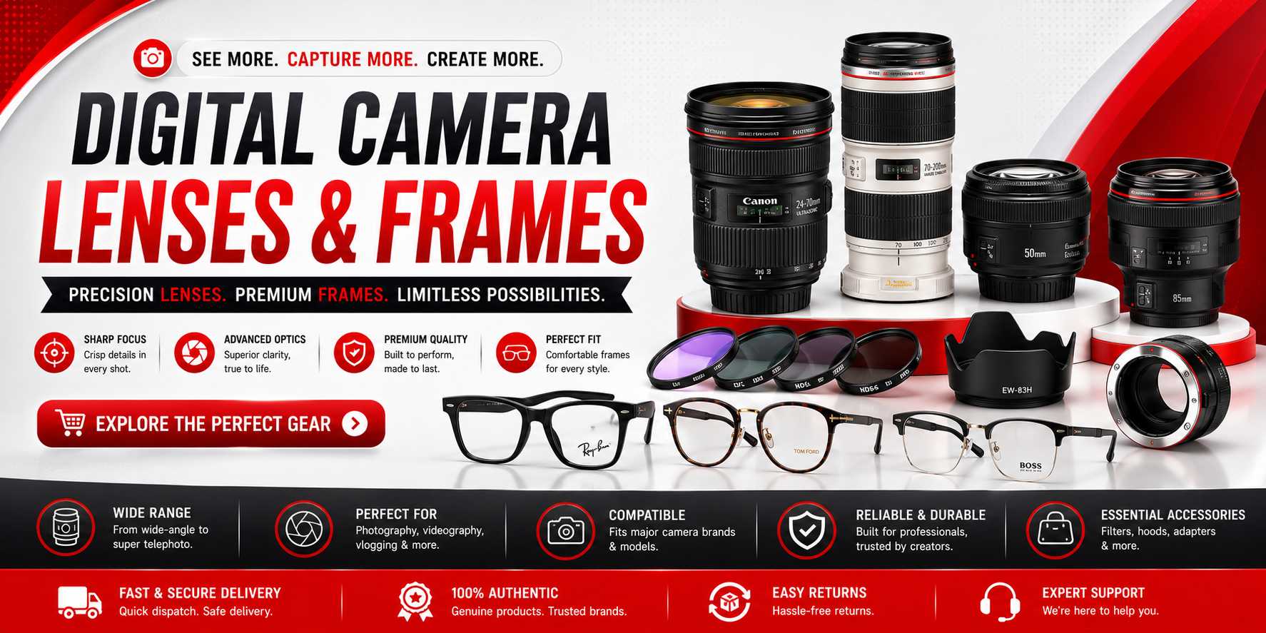 Assortment of DSLR and mirrorless camera lenses, lens filters, step-up rings, and protective lens cases