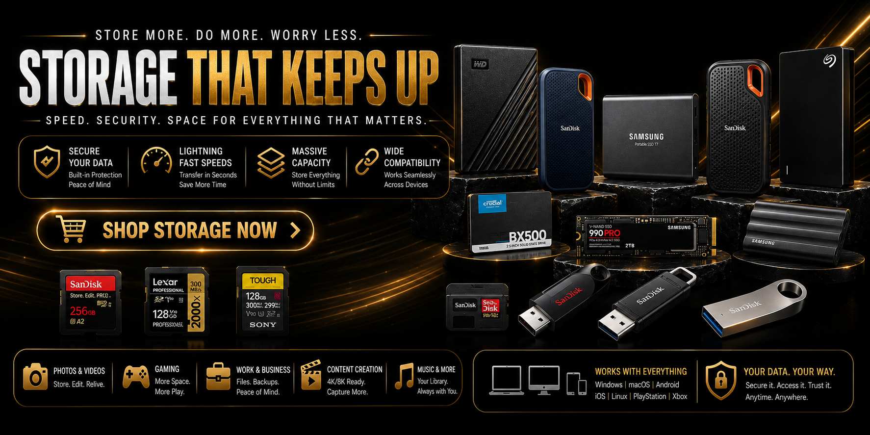 Collection of data storage devices including Samsung portable SSDs, SanDisk external drives, NVMe SSDs, and Lexar SD cards.