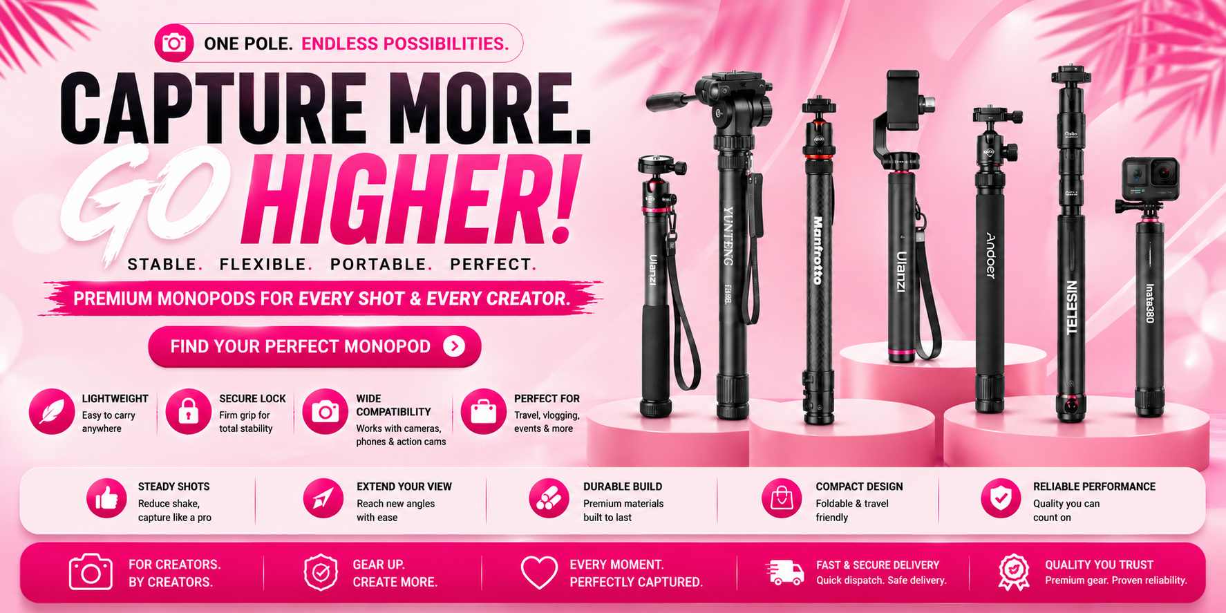 Lineup of durable and flexible camera monopods from Manfrotto, Ulanzi, Yunteng, and Telesin.